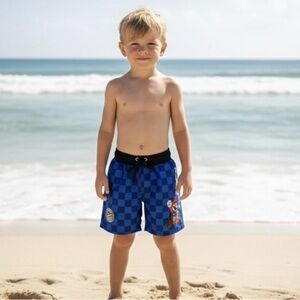 Blue Mario Cart Checkered Boys Swim Shorts S 4-5